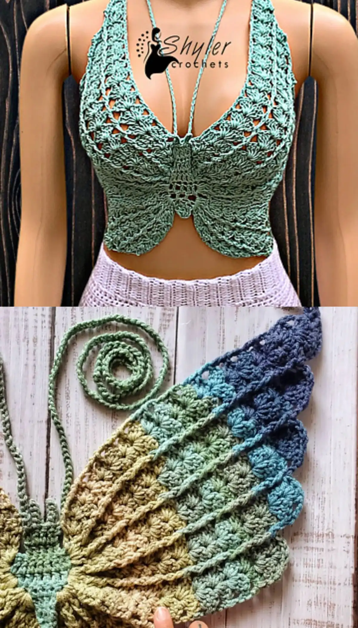 Monochrome and gradient versions of the Butterfly Shelly Top by Sheila Mutaawe, highlighting earth-tone variations in crocheted butterfly tops.