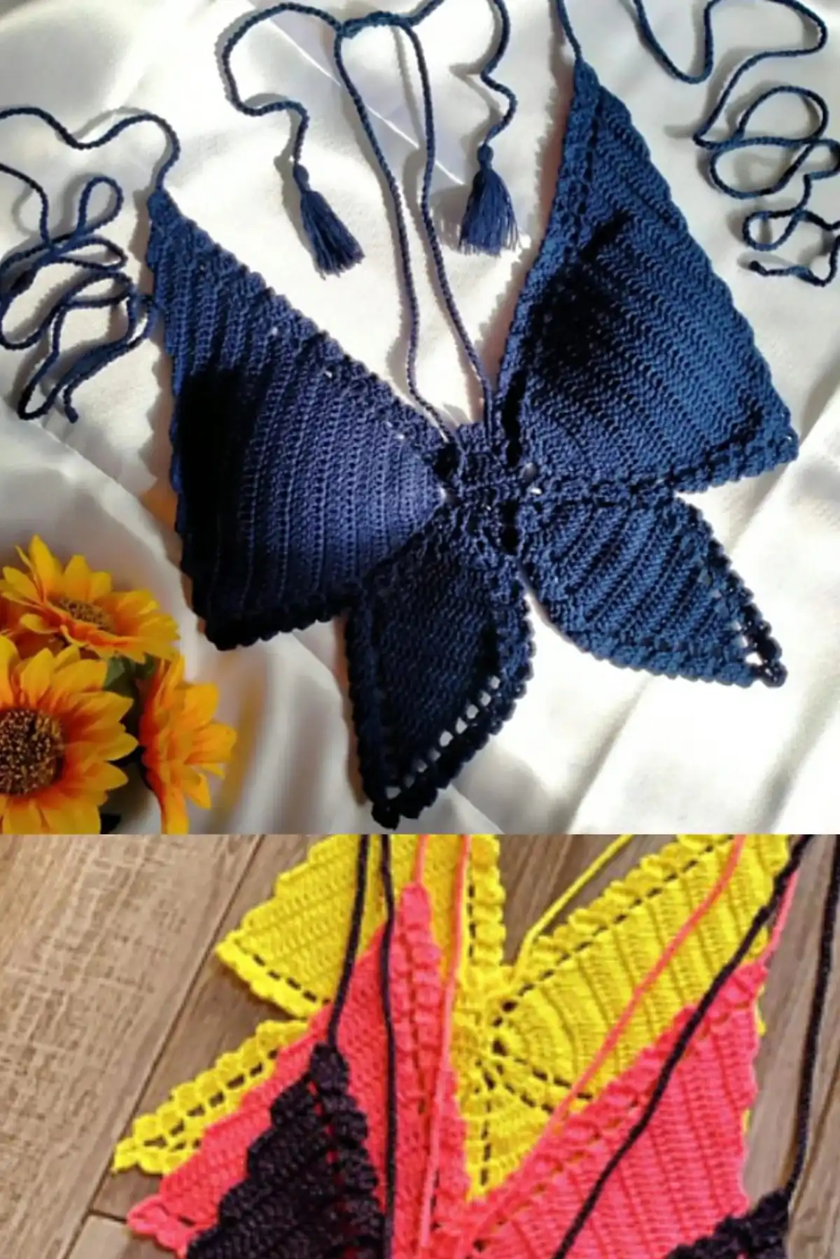Crocheted butterfly halterneck top by Shyler Crochets with pointed wings and scalloped edges in navy, orange, red, and black.