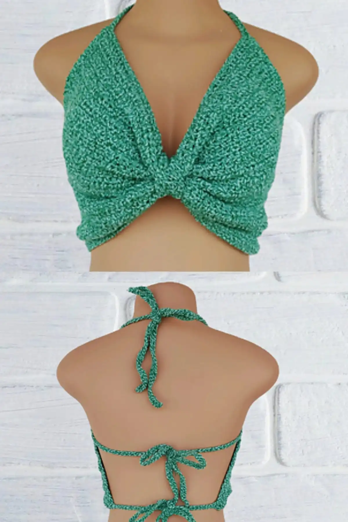 A unique Bow Crop Top made by tying a crocheted rectangle, creating an easy butterfly-like shape for beginners.