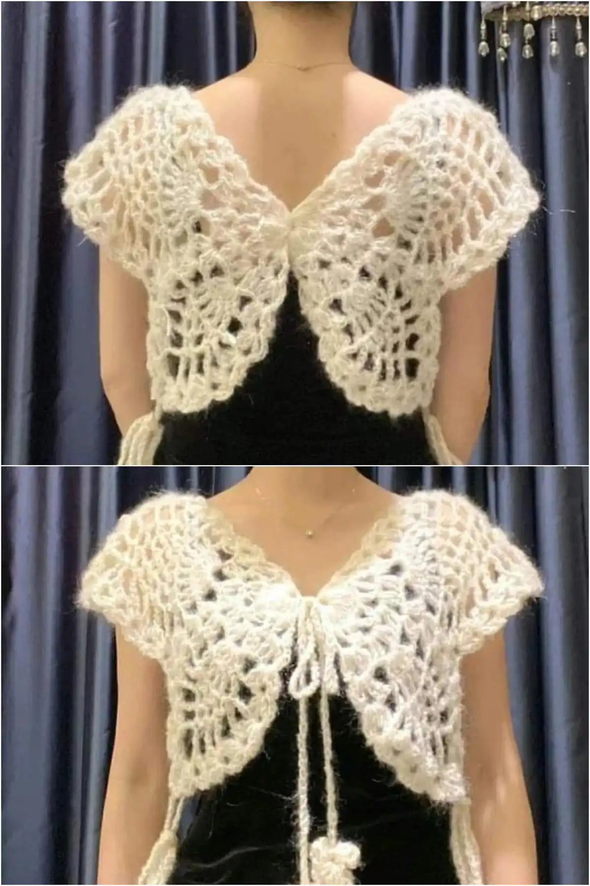 Woman wearing a crocheted butterfly bolero with wide, wing-like sleeves, showcasing a boho-style overlay.
