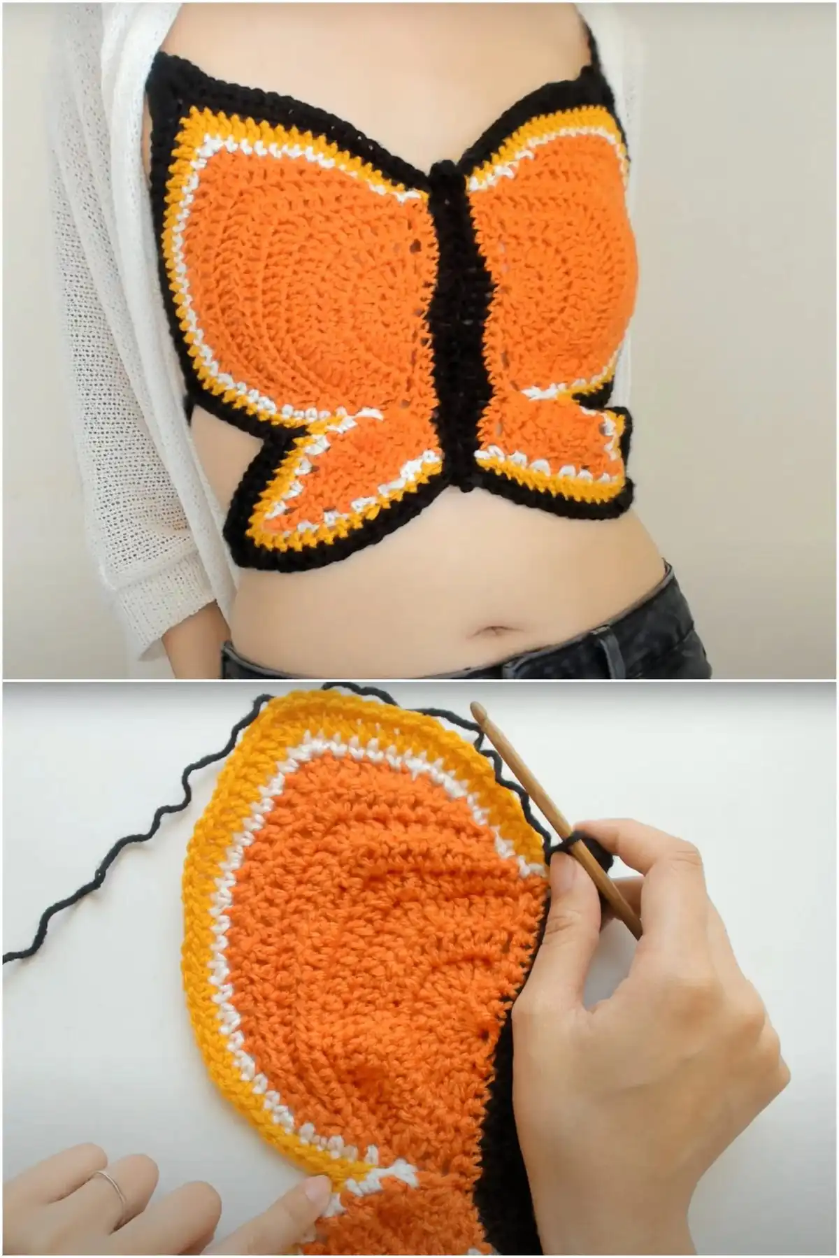 A vibrant Monarch-like butterfly crop top crocheted in orange, yellow, white, and black, by TCDDIY.