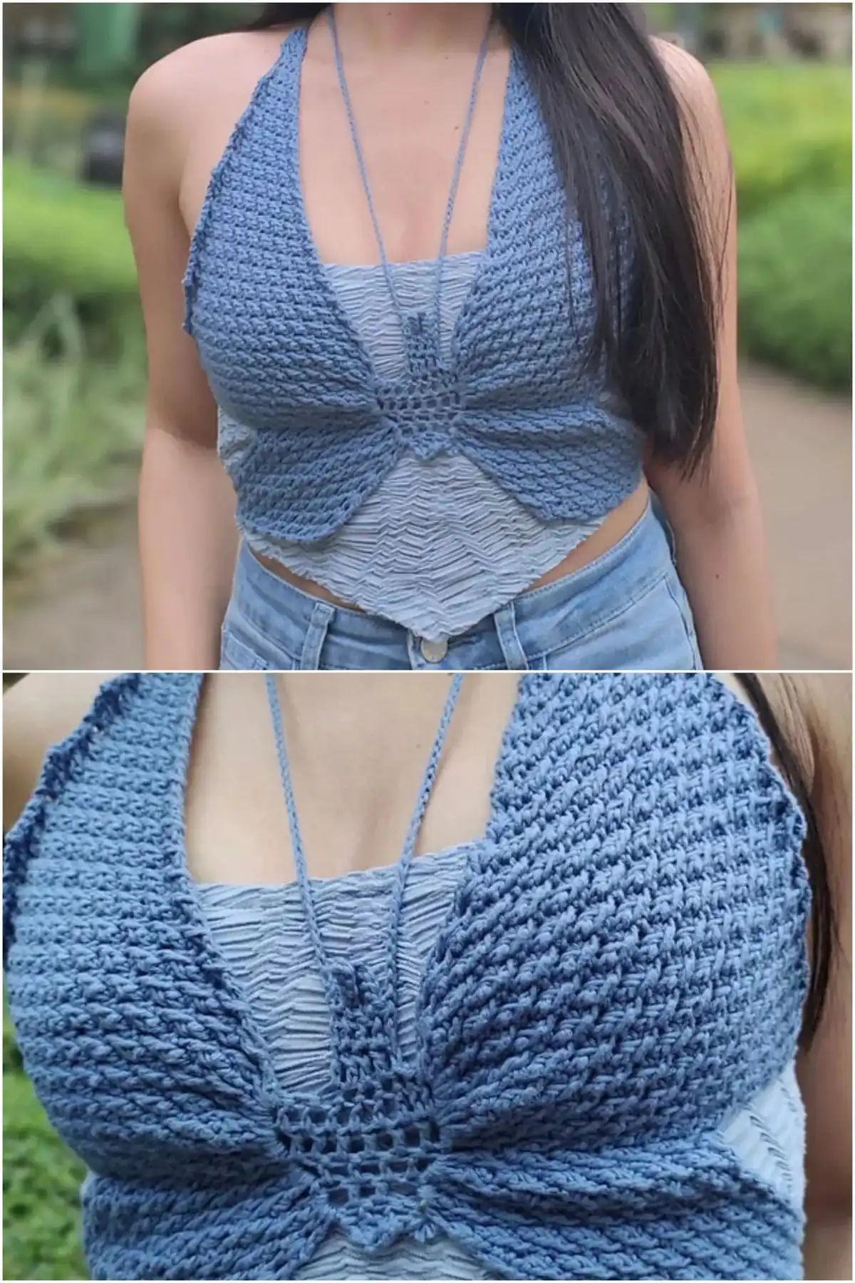 A baby blue crocheted butterfly crop top with an intricate pattern and a unique mesh lining underneath, from Sheila Mutaawe's Alpine design.