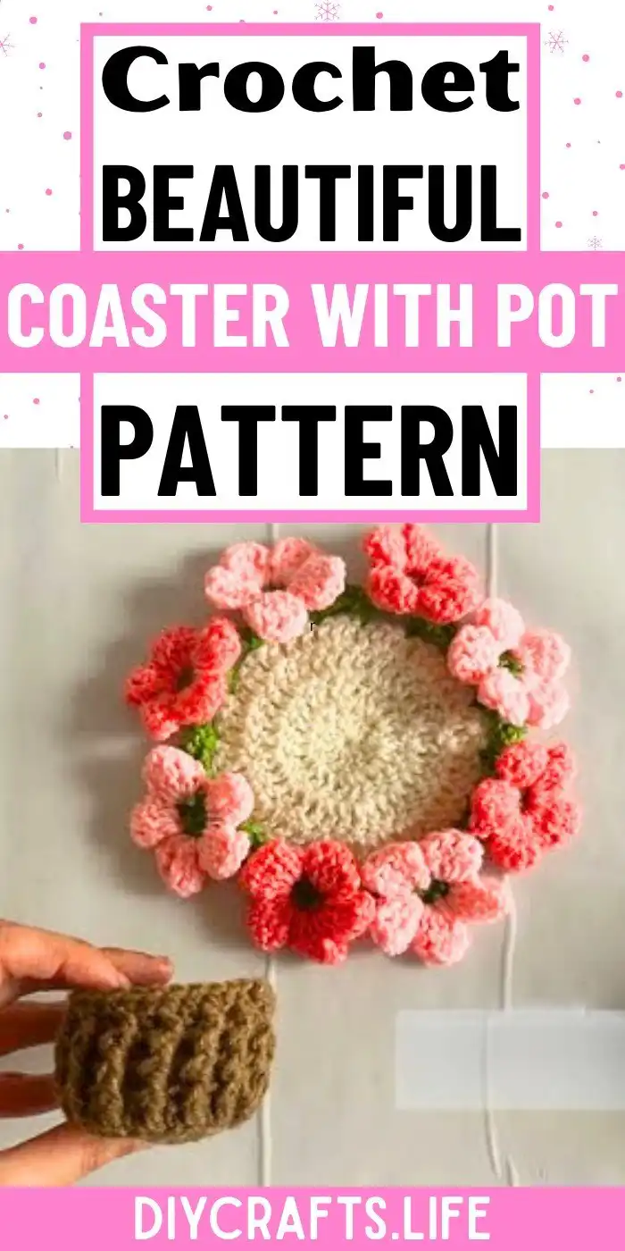 Close-up of a finished Puff Flower Crochet Coaster highlighting its textured petals and green leaf details.
