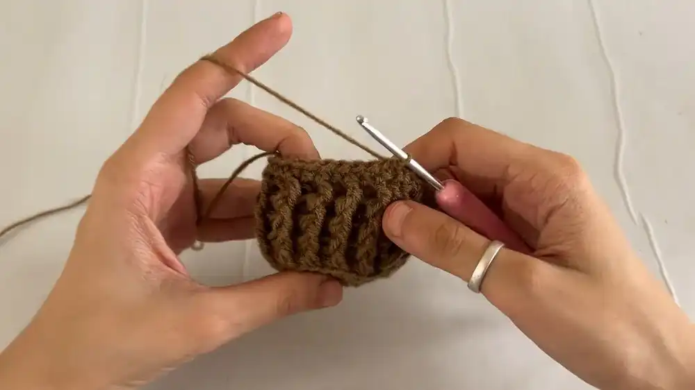 Creation of vibrant puff flower petals on the crochet coaster, showing the texture and layered effect.