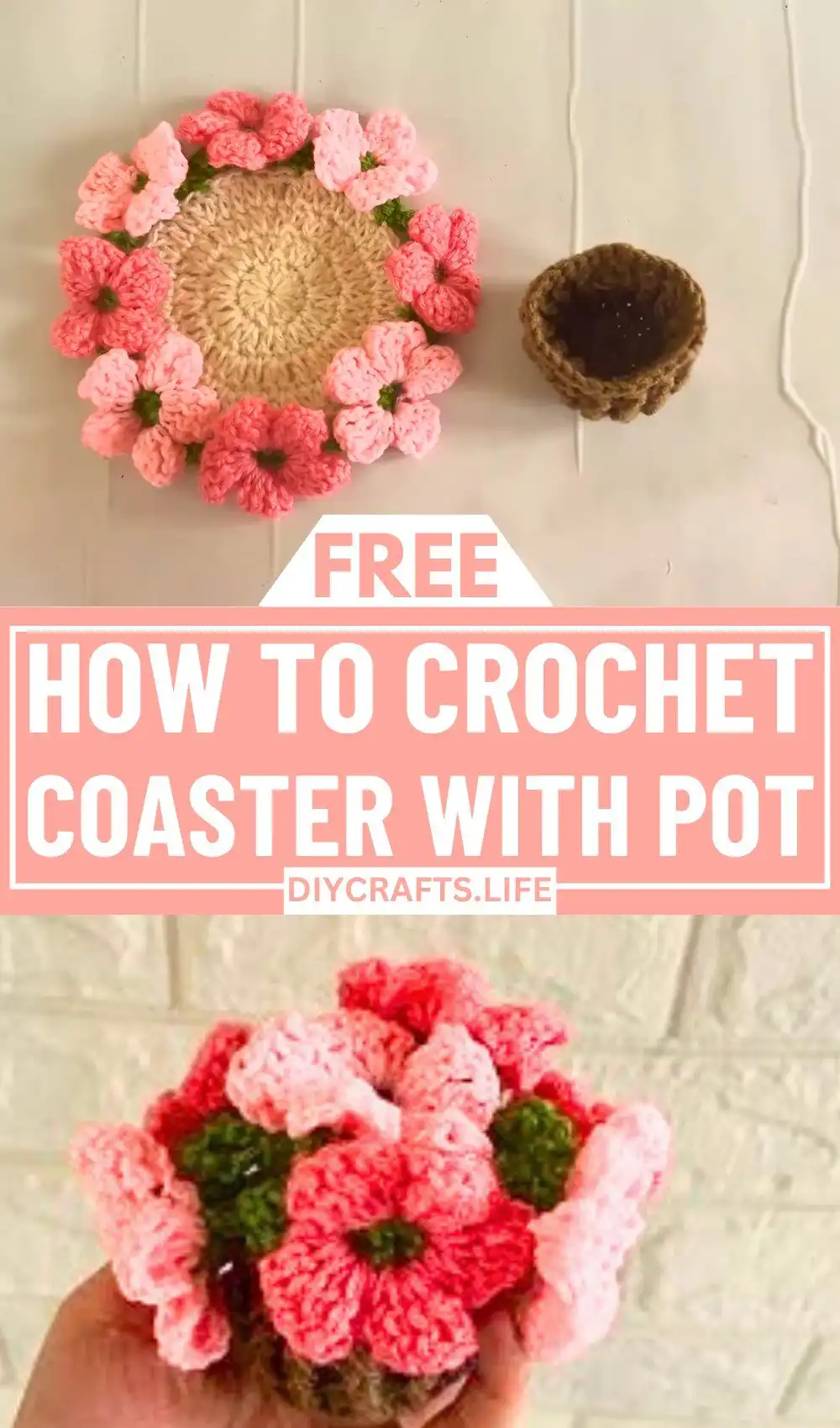 Crocheting the pot component of the Crochet Coaster with Pot Pattern, showing the textured walls with post stitches.