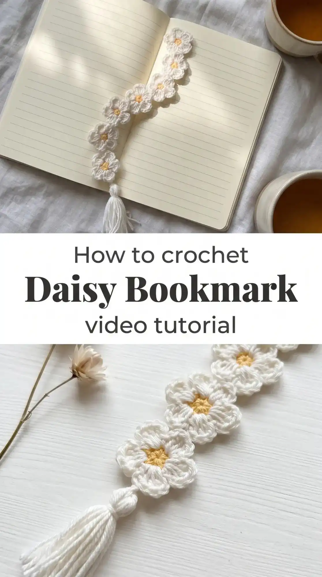 Vibrant crochet daisy bookmark featuring white petals and a bright yellow center, elegantly tucked into a book.
