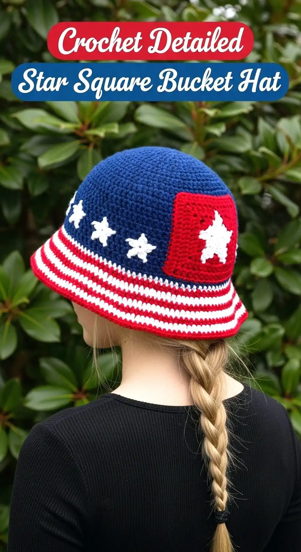 Crochet Detailed Star Square Bucket Hat in two-tone yarn, showcasing intricate square construction and visible shaping on a light background