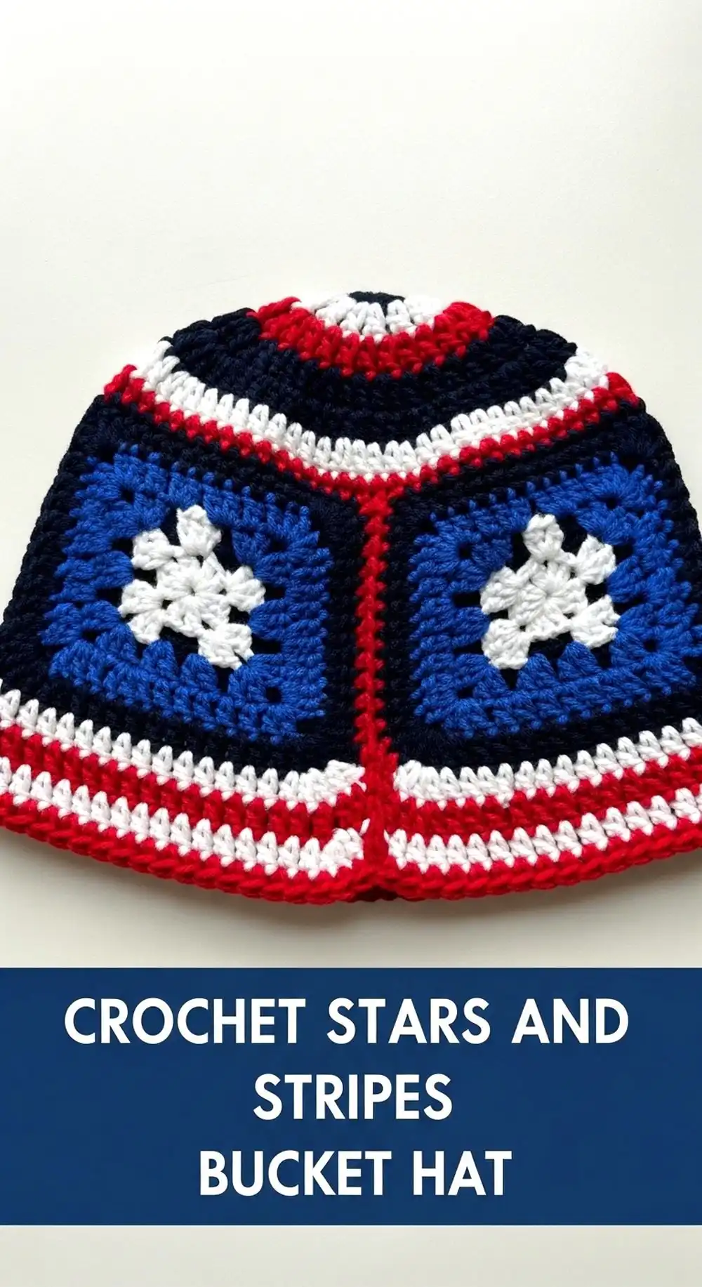 Crochet Stars and Stripes Bucket Hat featuring small star panels on the bottom band and classic red and white stripes on the crown