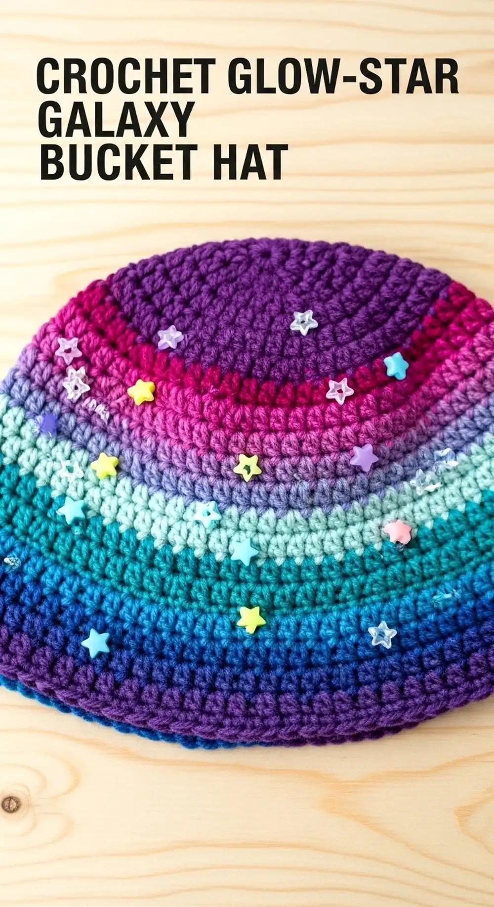 Crochet Glow-Star Galaxy Bucket Hat in a dark blue yarn adorned with small, scattered glow-in-the-dark star appliqués