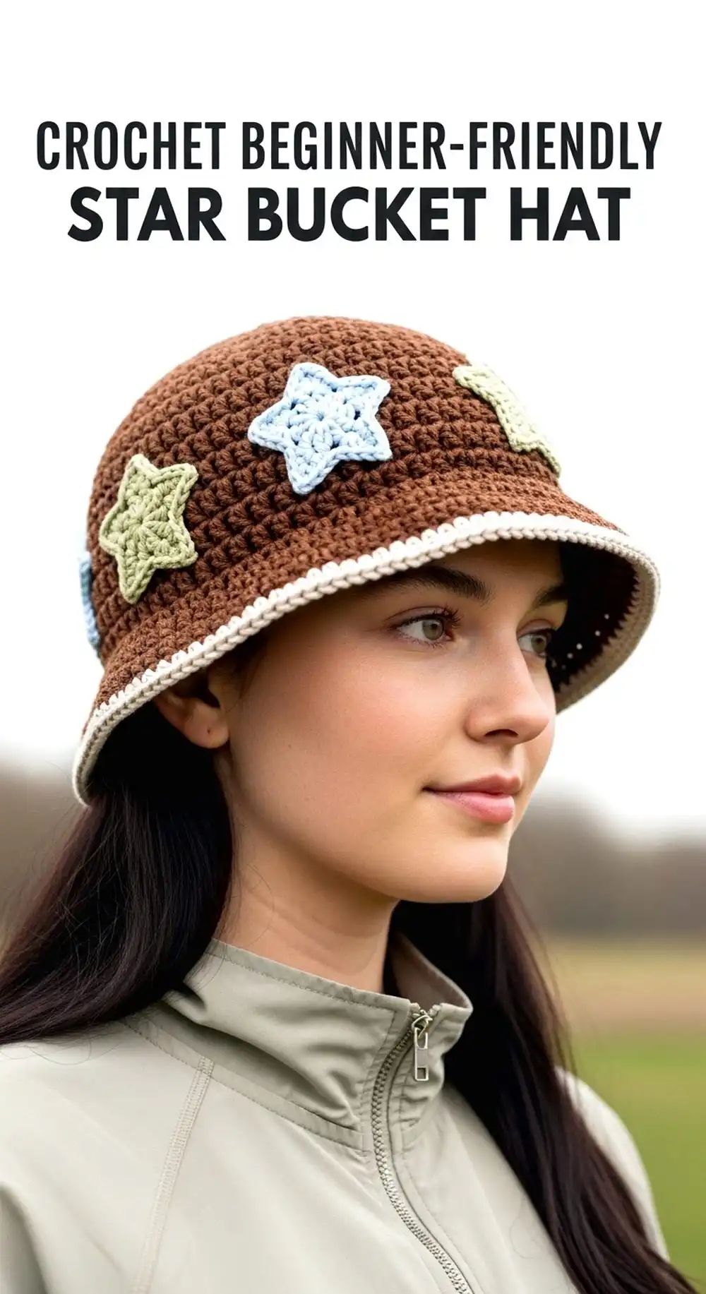 Crochet Beginner-Friendly Star Bucket Hat in a solid light color, featuring a simple star motif or textured star stitch pattern