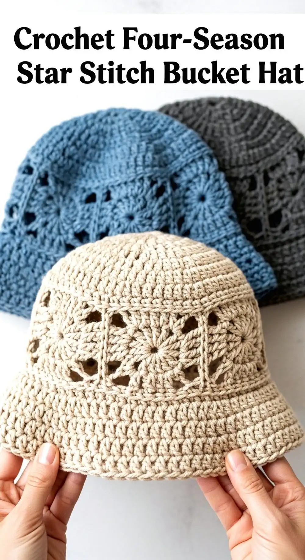 Crochet Four-Season Star Stitch Bucket Hat in a soft, solid color, highlighting the intricate texture created by the star stitch throughout