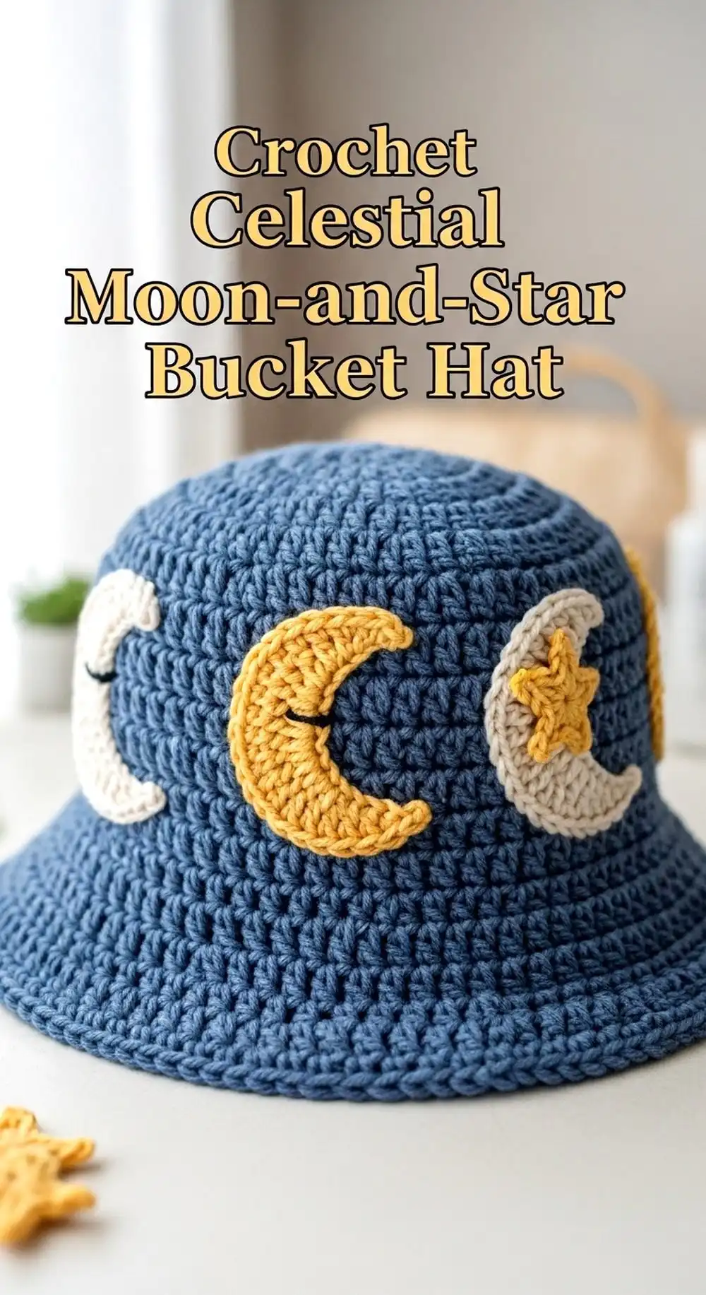 Crochet Celestial Moon-and-Star Bucket Hat in deep blue with embroidered or appliquéd golden moons and stars, evoking a dreamy night sky
