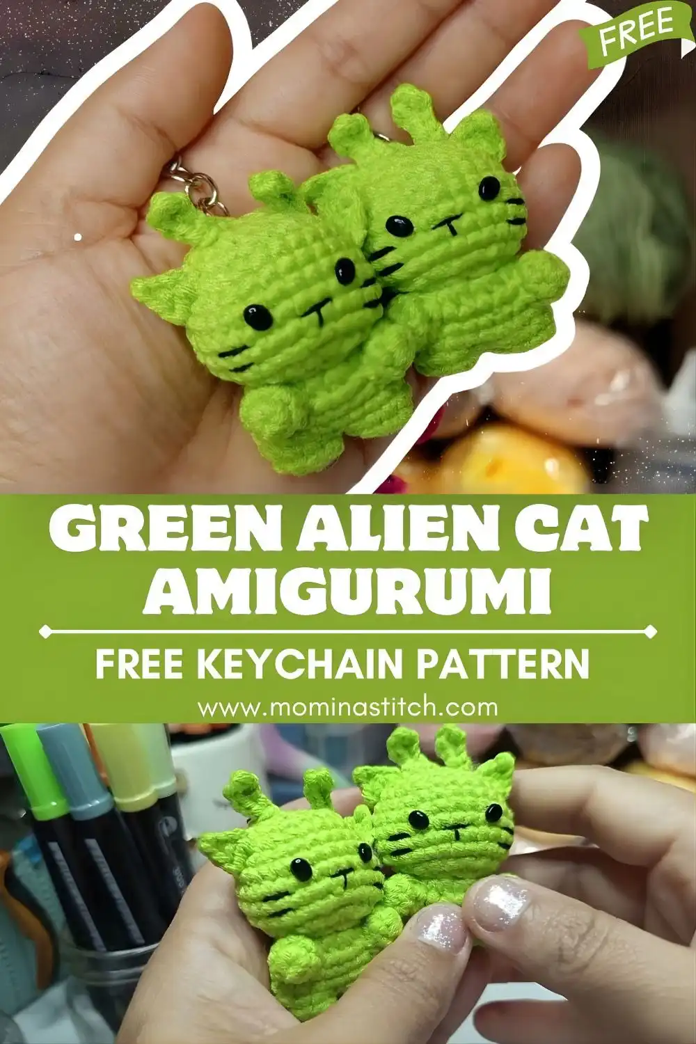 Close-up of the crocheted Green Alien Cat Amigurumi Keychain face, highlighting the safety eyes, embroidered whiskers, and mouth details for assembly guidance.