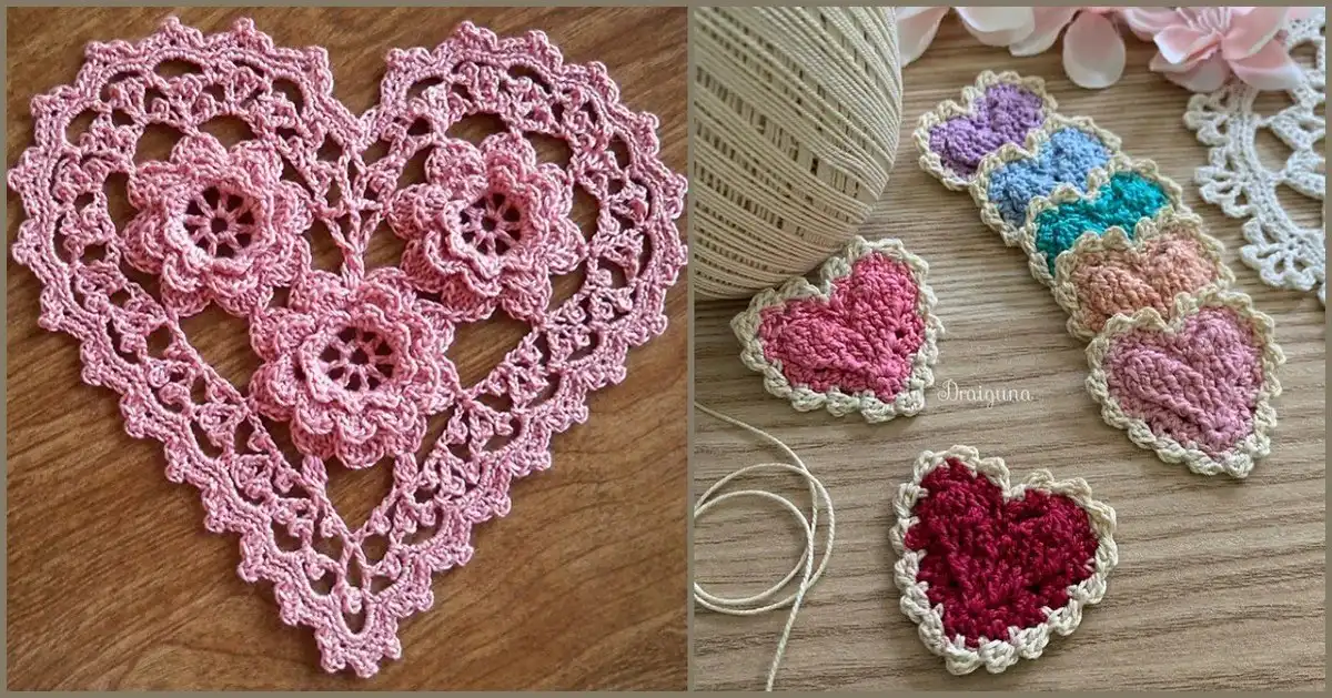 A collection of beautiful Crochet Heart Hanger, Applique, and small heart patterns displayed together.