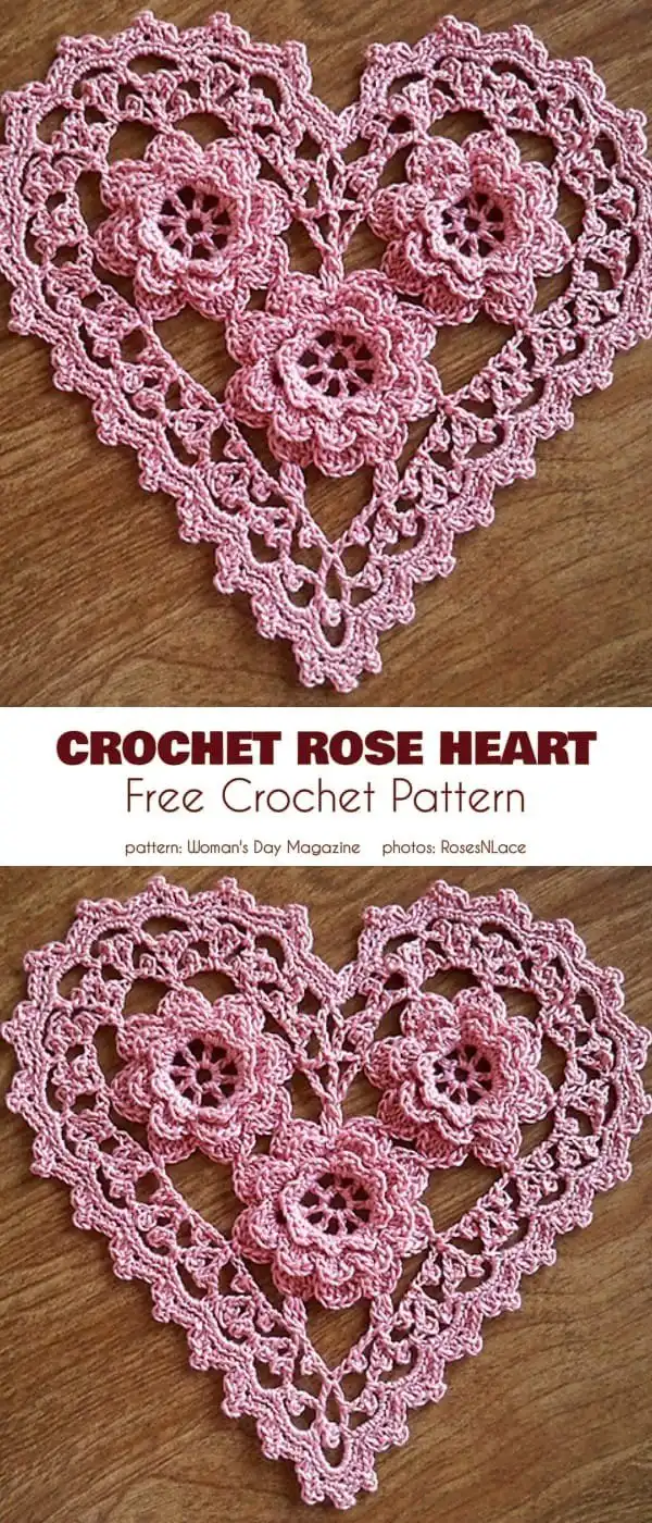 Intricate Crochet Rose Heart Hanger featuring three dimensional roses within a delicate lace heart.
