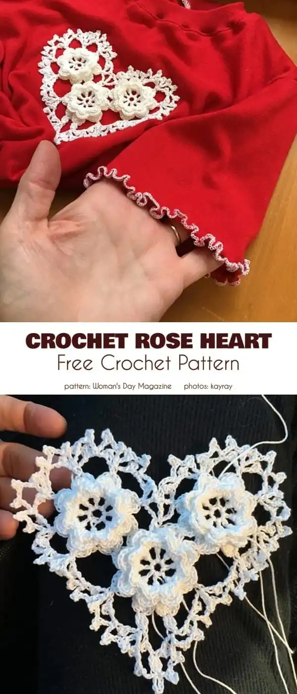 A smaller Crochet Rose Heart Applique with similar rose details, ideal for embellishment.