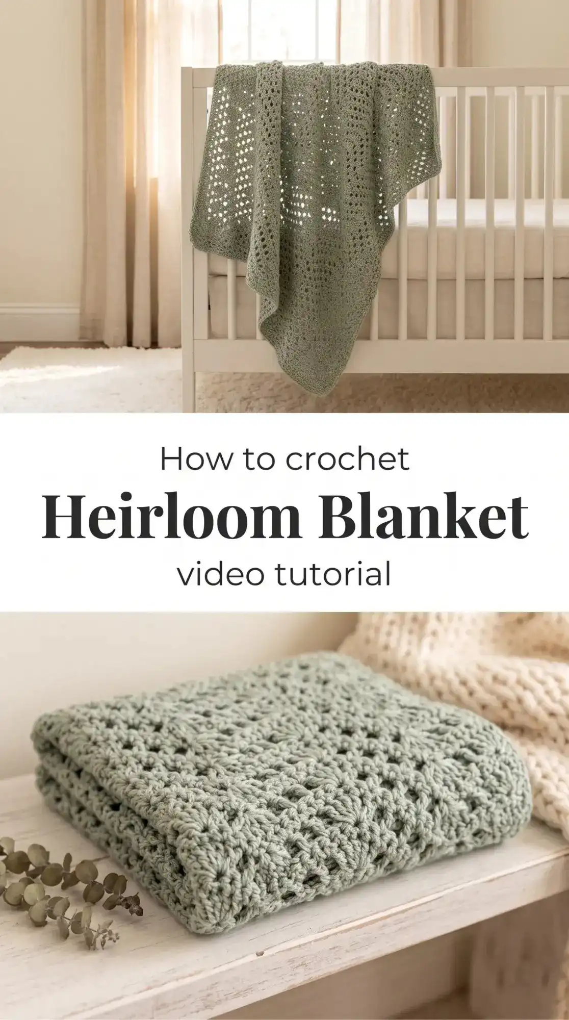 Beautifully crocheted heirloom blanket in sage green, featuring delicate lacy fan motifs and scalloped edges for a timeless keepsake.