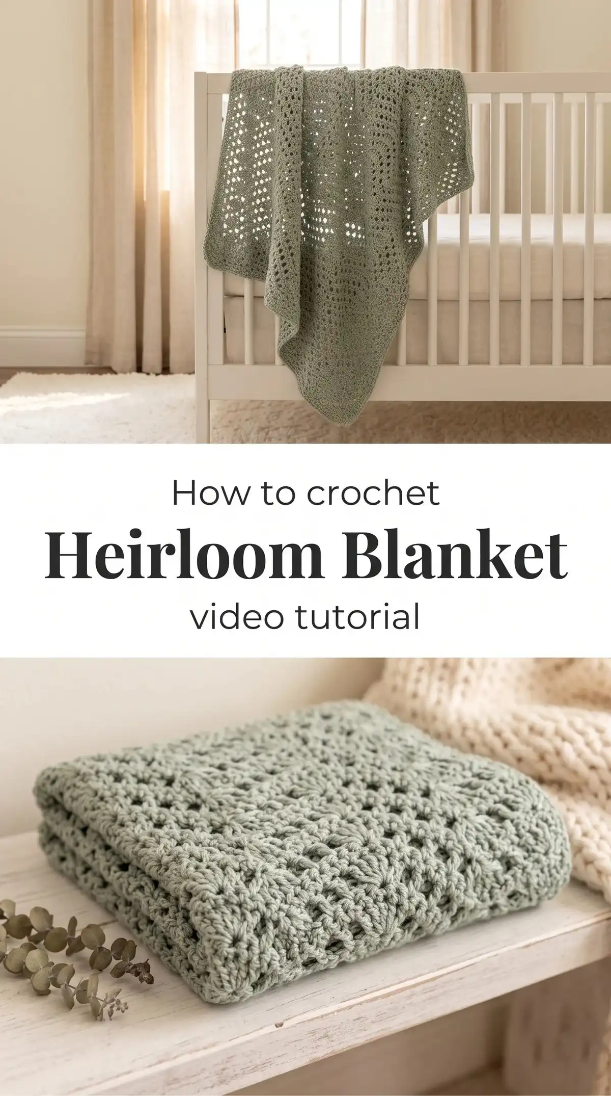 Crochet hook and DK weight cotton blend yarn in a serene sage green, illustrating essential materials for crafting an heirloom blanket.