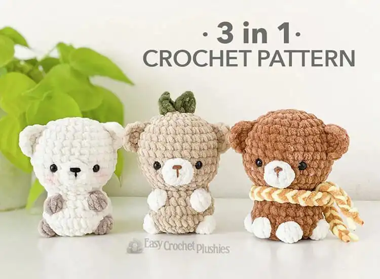 Three different no-sew crochet bears in various sizes=