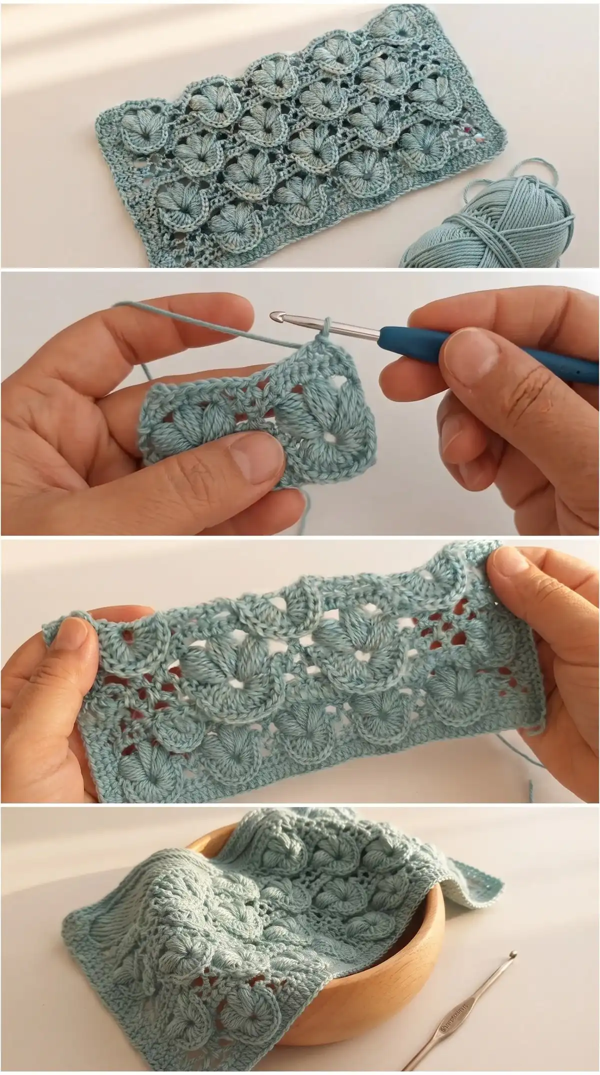 InProgress swatch of Crochet Lace Stitch highlighting the formation of petal clusters using DC and SC stitches