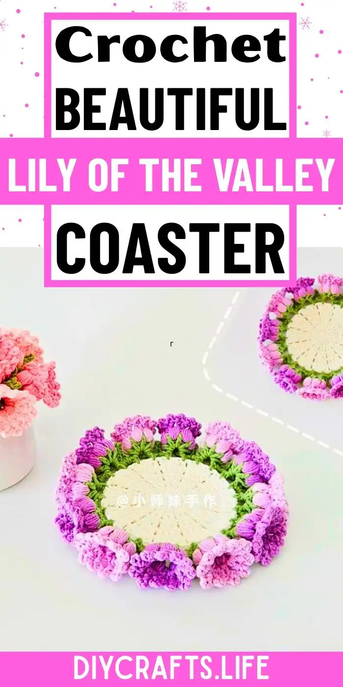Beautifully crocheted Lily of the Valley coaster with intricate floral details, perfect for DIY crafts and home decor.