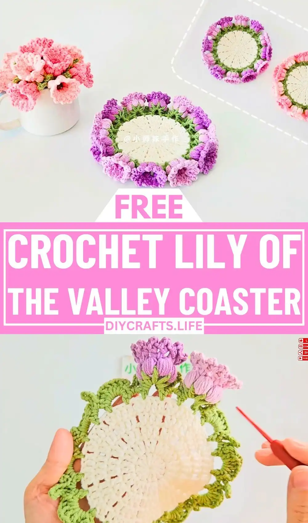 Finished Crochet Lily of the Valley Coaster displaying elegant white flowers and green foliage, a perfect DIY craft.