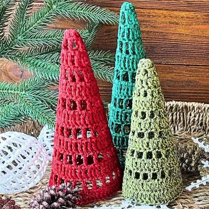 Easy Crochet Christmas Tree Pattern with Starch Stiffening, a festive DIY craft for holiday decor.