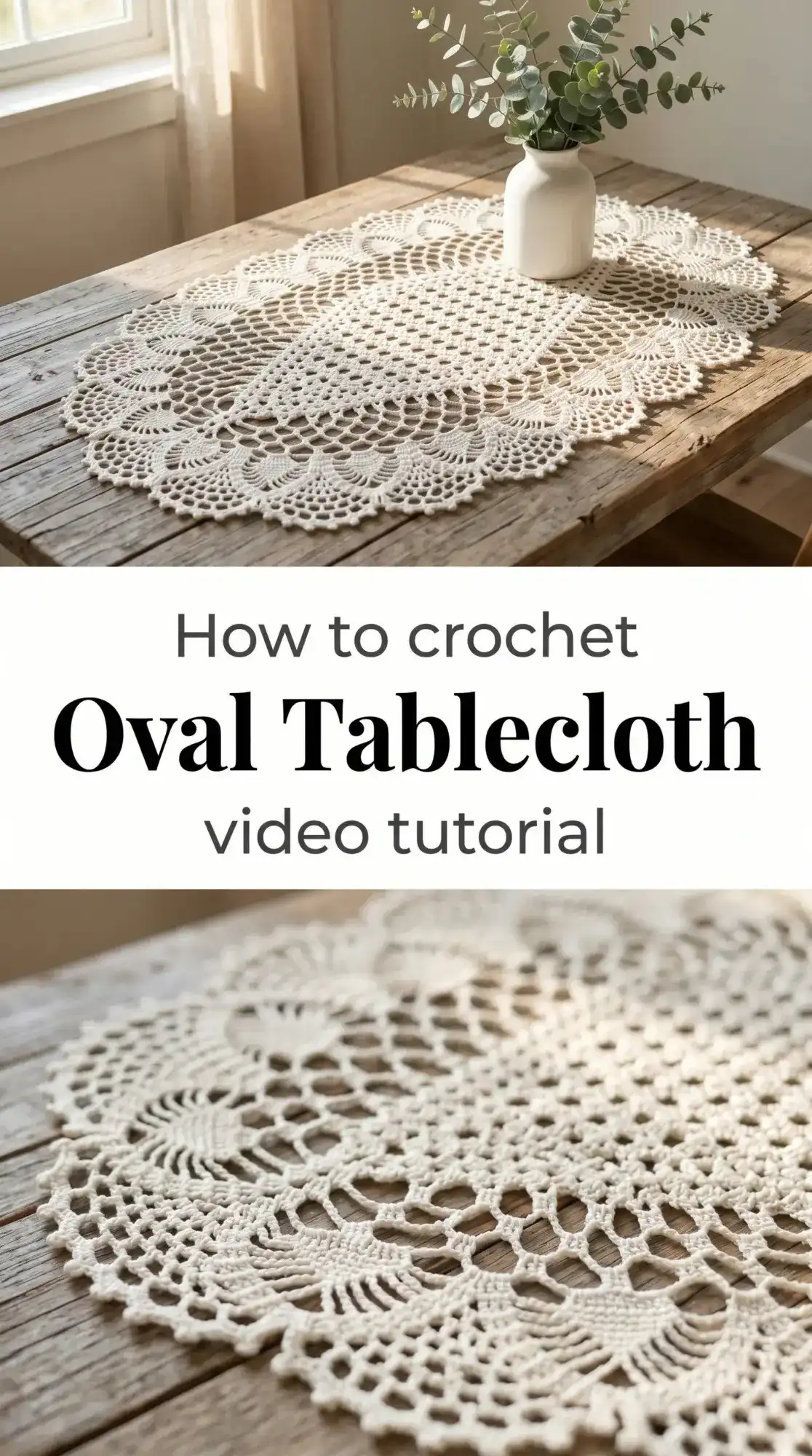 Close-up of a beautifully crocheted white Oval Tablecloth with intricate lace and shell border design, showcasing its elegant texture and heirloom quality.