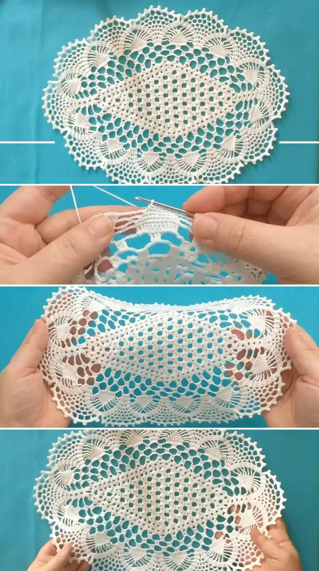 A finished Crochet Oval Tablecloth: An Elegant Table Centerpiece, perfectly blocked and laid flat, highlighting its symmetrical scalloped edges and detailed stitch work on a neutral background.