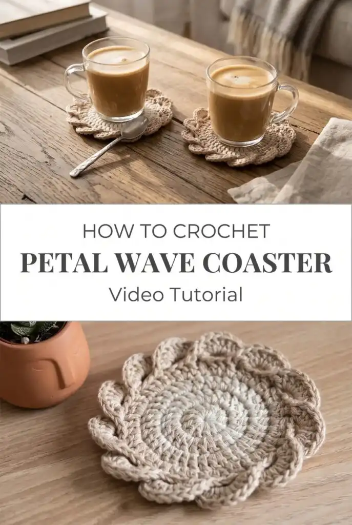A beautifully crafted Crochet Petal Wave Coaster in a neutral tone, showcasing its delicate texture and scalloped edges, resting on a wooden surface.