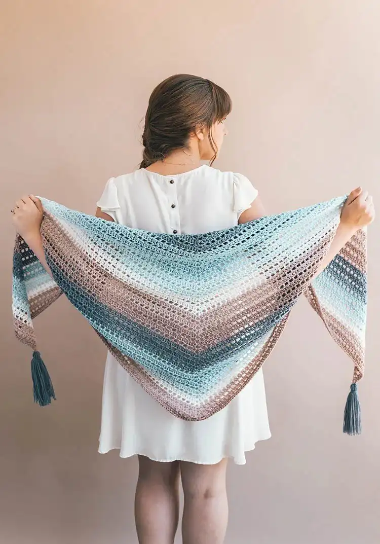 A beautiful Wishing Well Fade Shawl displaying a smooth color transition from light to dark.