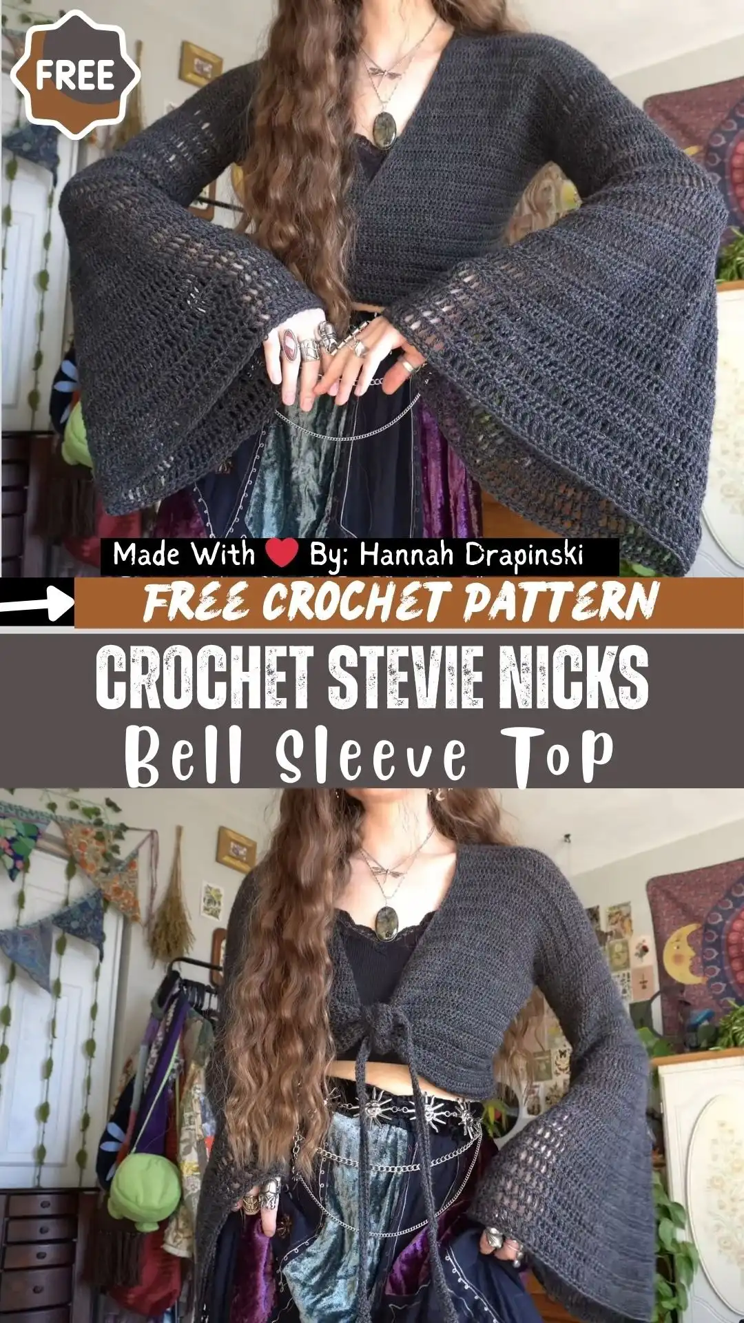Detailed view of a Delightful Crochet Bell Sleeve Sweater Pattern in a soft color, emphasizing its textured stitches and gently flared bell sleeves for a comfortable fit.