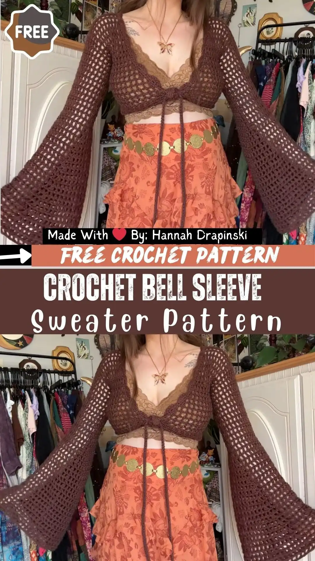 Model wearing the Incredible Crochet Vibes Bell Sleeve Top and matching Skirt Pattern, showcasing the cohesive set with customizable lengths and a breezy, boho drape.