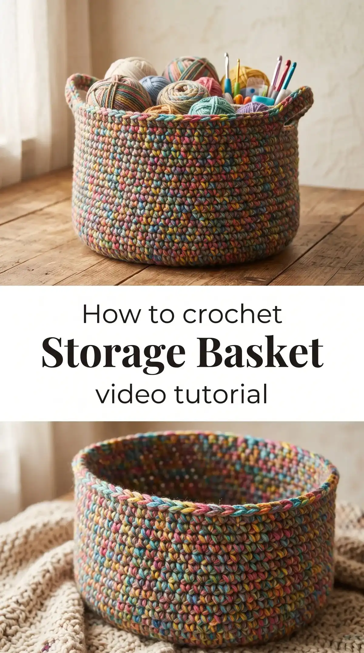 Close-up of bulky multicolor yarn skeins and a large 12mm crochet hook, essential materials and tools for creating the Crochet Storage Basket: A Colorful and Practical Solution.