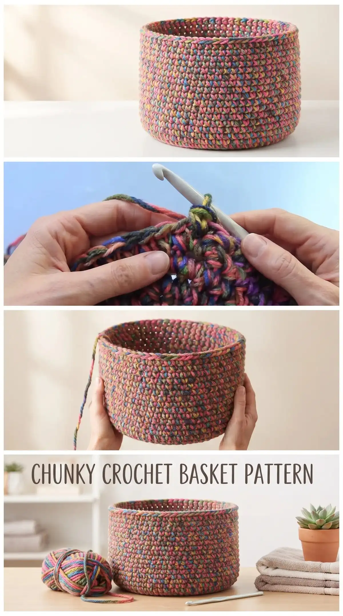 Hands crocheting the base of a storage basket using bulky yarn and a large hook, illustrating the bottom-up construction process for a Crochet Storage Basket: A Colorful and Practical Solution.