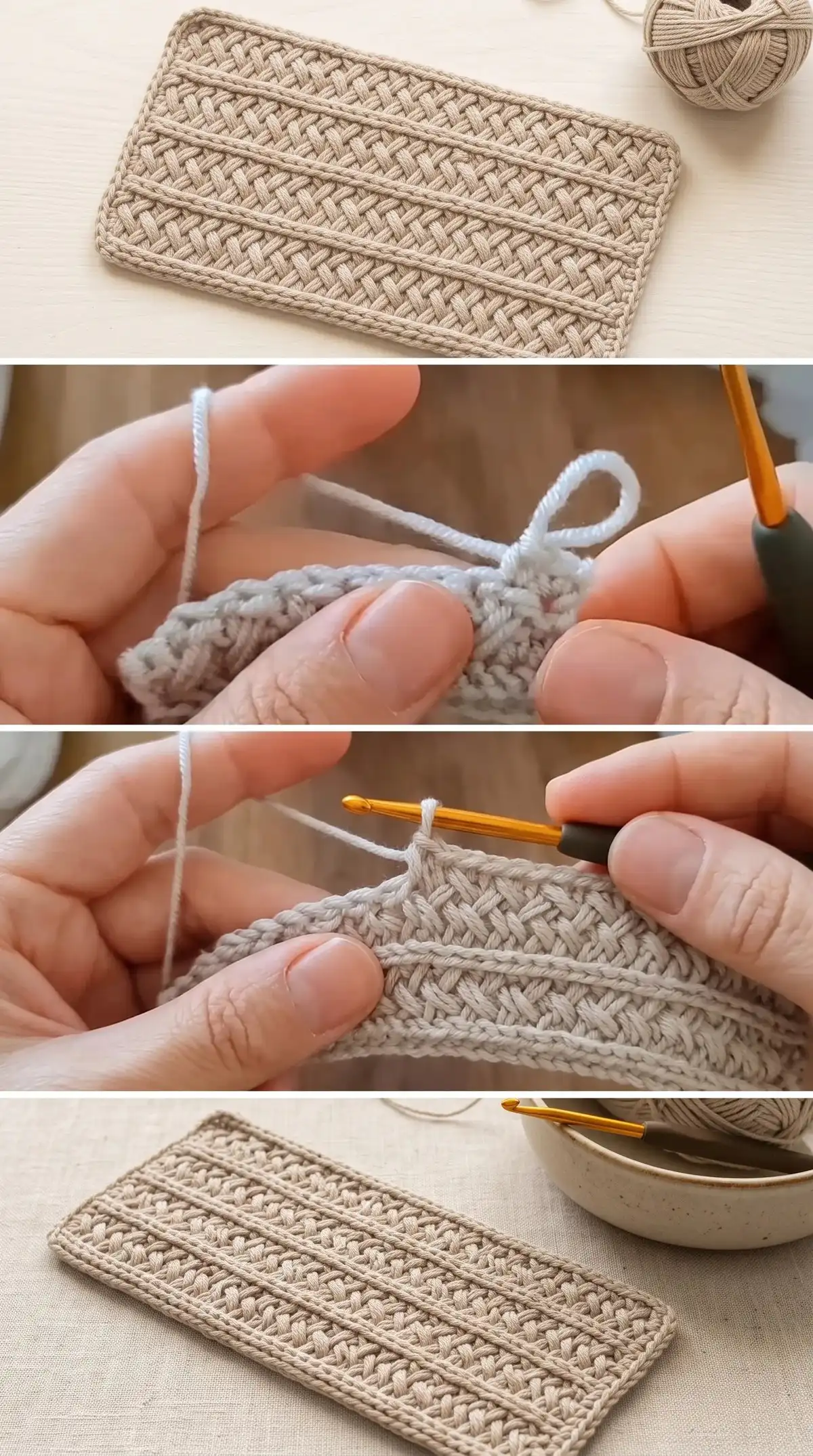 Detailed progress shot of the Crochet Textured Stitch demonstrating the front post double crochet (FPdc) technique forming the raised texture.