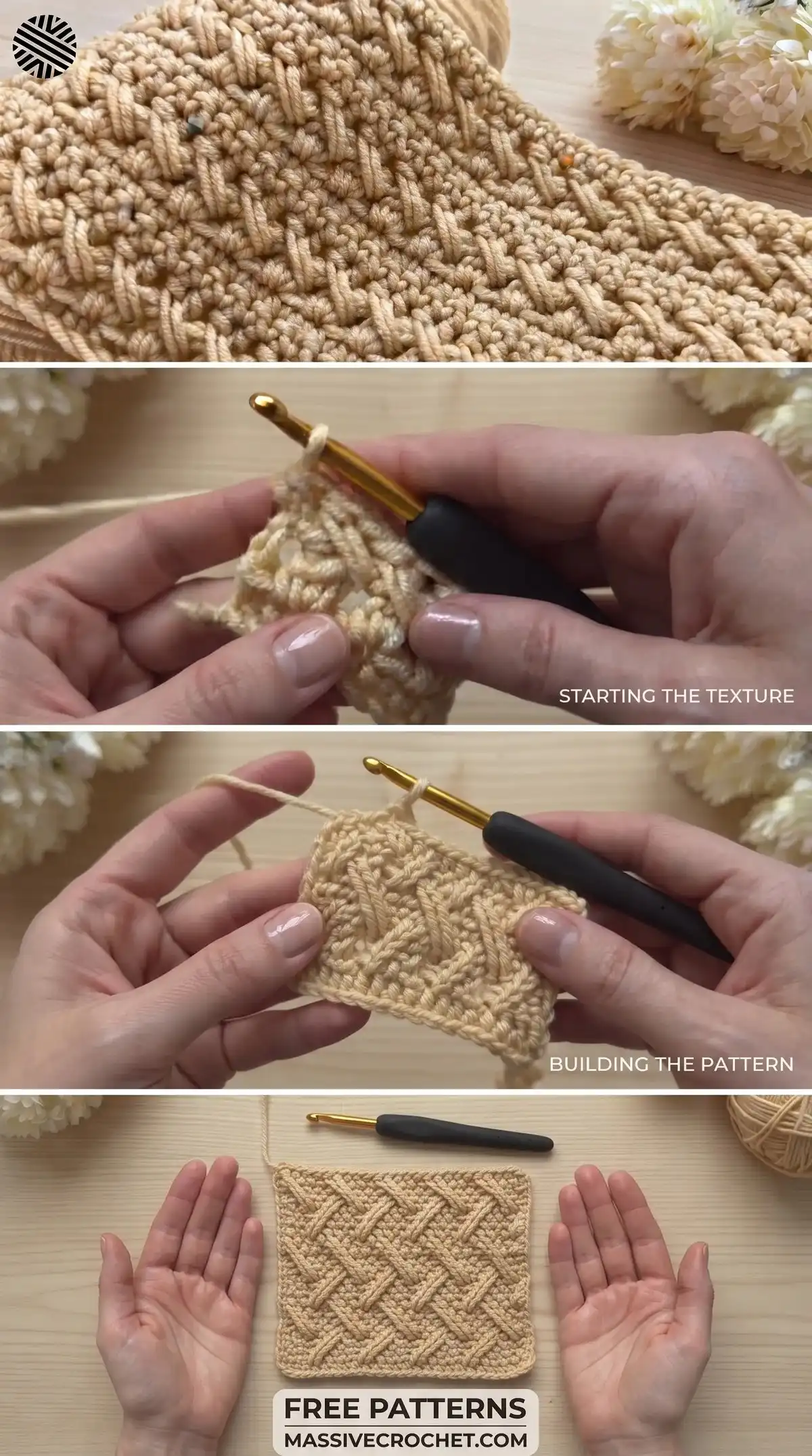 Step-by-step example of how to execute a stitch sequence for the Crochet Textured Stitch, highlighting post stitches.