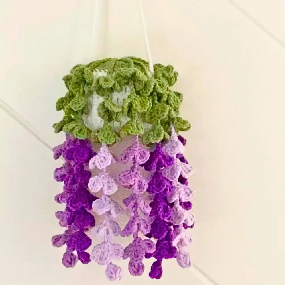 Crochet Wisteria Hanging Basket - DIY Craft 1 Elegant finished Crochet Wisteria Hanging Basket - DIY Craft with cascading purple flowers and green leaves