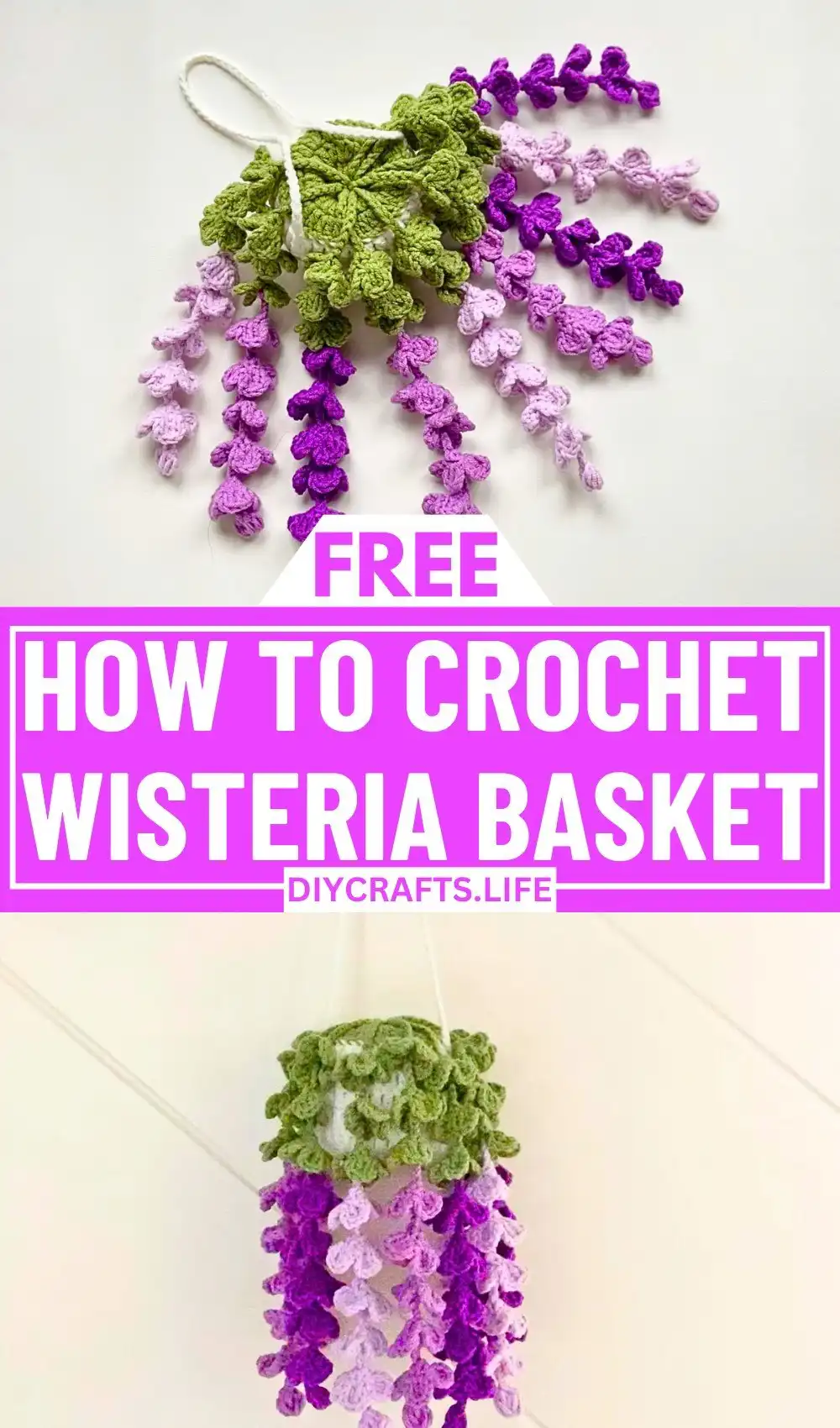 Crochet Wisteria Hanging Basket - DIY Craft 6 Final display of the completed Crochet Wisteria Hanging Basket - DIY Craft hanging elegantly