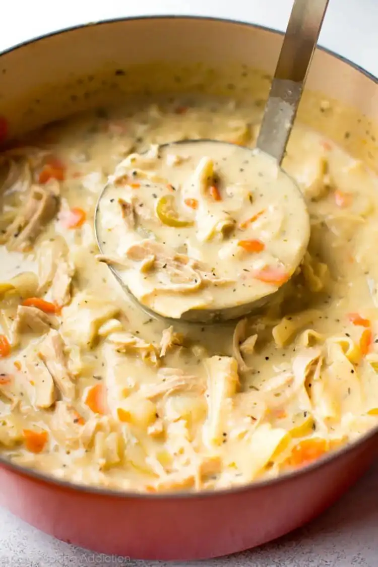 Light Creamy Chicken Noodle Soup, a healthy yet comforting bowl packed with chicken and vegetables, a lighter Crockpot Chicken Nachos Recipe - Perfect Dinner Idea.