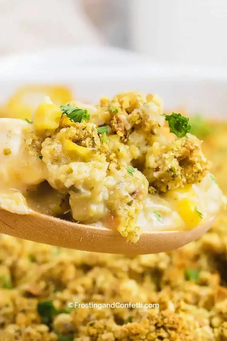 Bubbly Chicken Stuffing Casserole, layered with chicken, seasoned stuffing, and creamy sauce, a comforting Crockpot Chicken Nachos Recipe - Perfect Dinner Idea alternative.