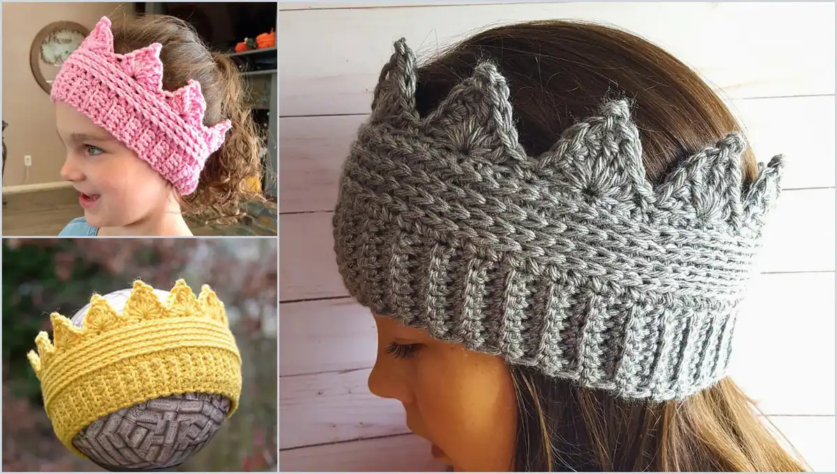 Two mannequin heads modeling crocheted crown earwarmers in gray and red, highlighting the intricate pointed tips of the Crown Headband Free Crochet Pattern.