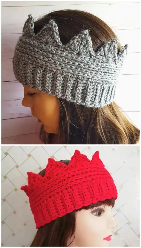 Two views of a crocheted crown earwarmer headband, one worn and one laid flat, featuring white and light pink yarn for a Crown Headband Free Crochet Pattern.