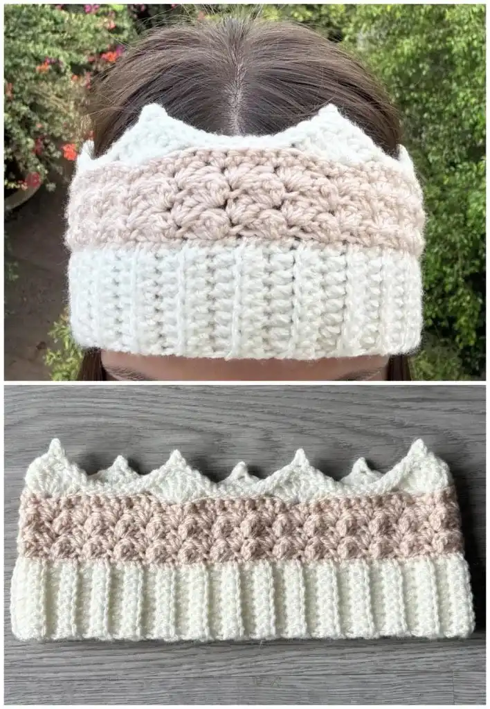A young girl wearing a purple knitted crown earwarmer holding a doll with a matching pink crown, illustrating the Princess Crown Headband Free Crochet Pattern.