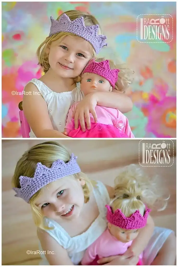 A person wearing a yellow crocheted crown earwarmer headband, with five other colorful crocheted crown headbands displayed below, showcasing the Crochet Crown Headband Free Crochet Pattern.