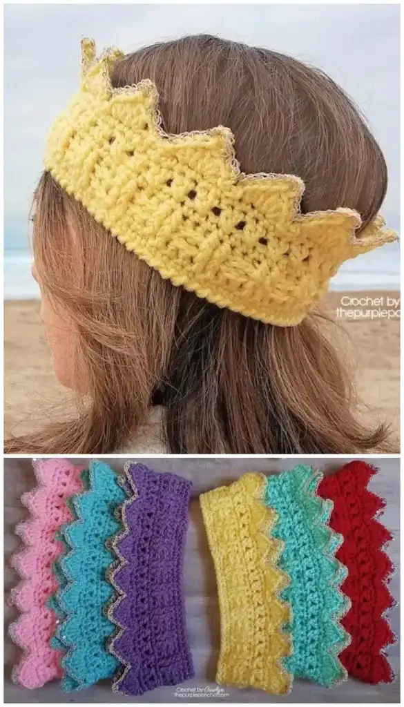 A yellow crocheted crown earwarmer on a mannequin and a child wearing a pink version, demonstrating the Crown Headband Free Crochet Pattern in use.
