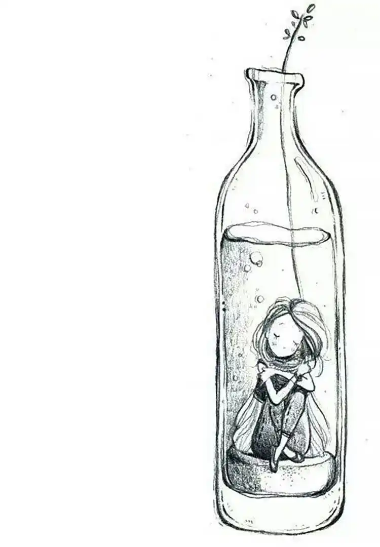 Cute Animal Drawing Idea - Cat/Kitten Holding a Strawberry 11 A creative drawing depicting a girl seemingly contained within a clear glass bottle, evoking a sense of wonder and imaginative storytelling.