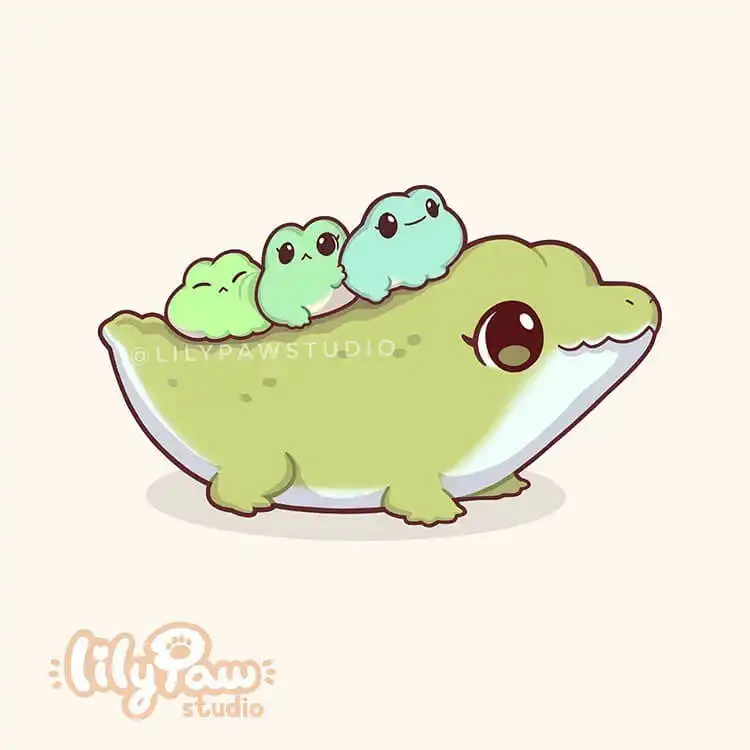 Cute Animal Drawing Idea - Cat/Kitten Holding a Strawberry 13 A heartwarming scene featuring a momma alligator with her baby alligators riding on her back, illustrated with a tender and inviting color palette.