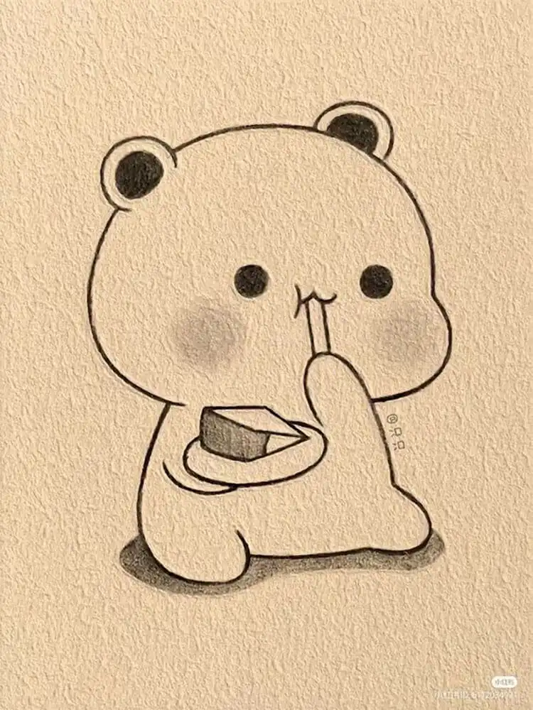 Cute Animal Drawing Idea - Cat/Kitten Holding a Strawberry 15 An adorable drawing of a bear happily enjoying a snack, radiating contentment and charm, perfect for adding color to bring it to life.