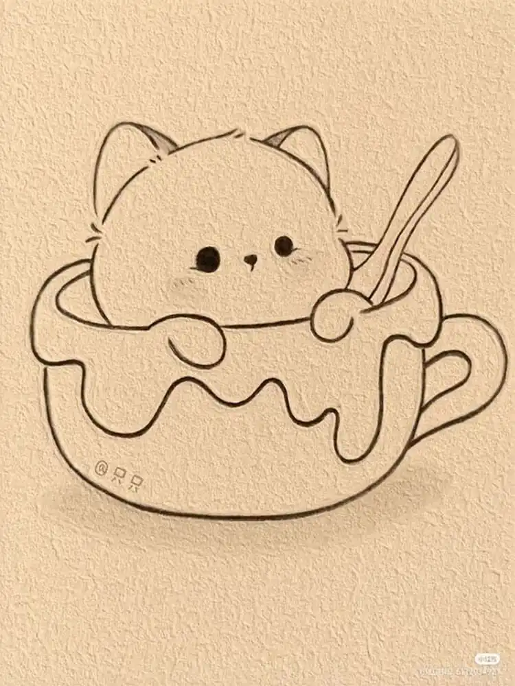 Cute Animal Drawing Idea - Cat/Kitten Holding a Strawberry 19 A super adorable drawing featuring a cozy cat nestled or peeking out from inside a warm mug, creating a heartwarming and charming scene.